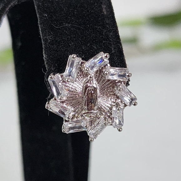 White Gold Virgin Mary with Baguette CZ Small Hoop Earrings - Picture 5 of 11